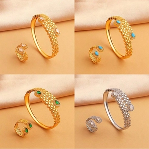 Parure de Bijoux Style Cour Renaissance Vintage en Cuivre Plqué Or Avec Strass en Forme de Goutte Bracelet Ouvert et Bague Femme