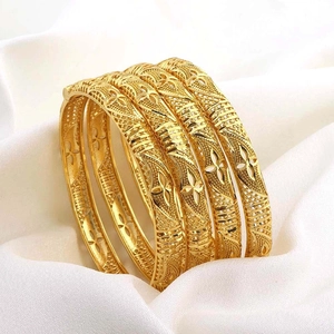 Bracciale Rigido in Rame Placcato Oro Stile Dubai Intagliato Floreale per Donna Lussuoso Etnico Gioiello per Matrimonio Festa