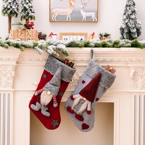 Luxurious Christmas Stockings With 3D Gnome Grey Fur Trim Scandinavian Plush Holiday Gift Bag For Fireplace Decoration