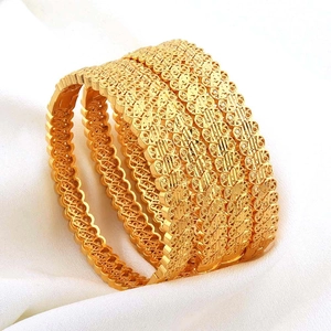 Bracciale Rigido in Rame Placcato Oro 24K Dubai per Donna Etnico Traforato Floreale Inciso Matrimonio Medio Oriente Gioielli