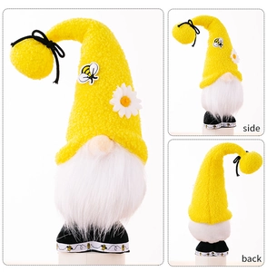 Multi-angle views of a yellow bee gnome plush featuring a long hat and white beard