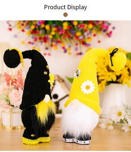 Detail of bee festival gnomes with daisy hats and soft plush fur in a floral spring setting