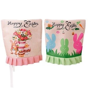Easter faux linen chair covers featuring bunny prints and polka dot ruffle edges