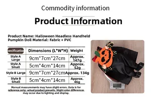 Detailed size chart and weight guide for Halloween headless dolls holding pumpkins