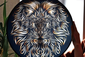 Close-up of golden and silver lion head design on a circular shamanic frame drum