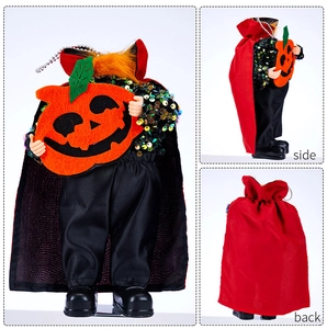 Three-sided view of a headless vampire doll with a pumpkin lantern and red cape for Halloween