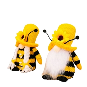 Set di due gnomi ape con cappelli gialli a maglia, dettagli girasole e corpi a strisce