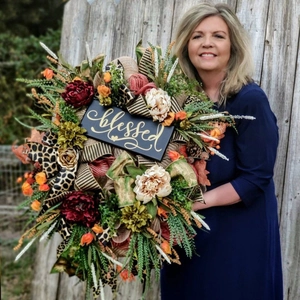 Blessed Sign Autumn Harvest Peony Wreath For Front Door Decor Thanksgiving Farmhouse Style Floral Wreath Hanging Ornament