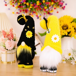 Charming set of two bee-themed faceless gnomes with sunflower accents for home decor