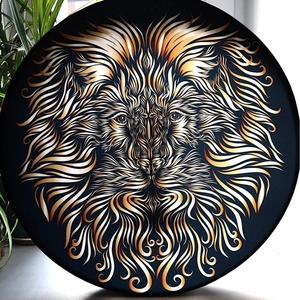 Artistic Tree of Life Shaman drum with golden lion design on deep blue background