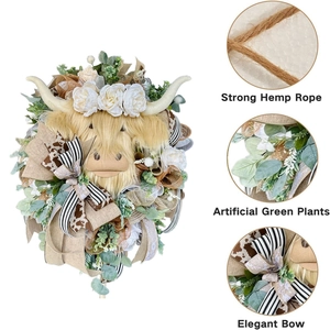 Scottish Highland Cow wreath with white roses, greenery and decorative bows for door decor