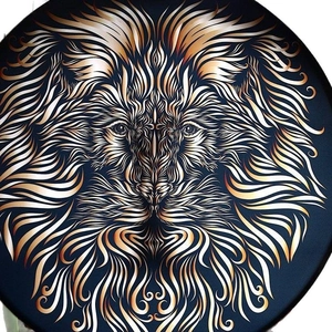 Golden Tree of Life lion shaman drum with intricate line art on deep blue background