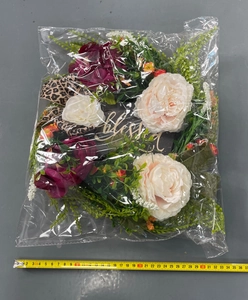 Detail of fall autumn wreath with peony flowers and blessed sign measuring 35-37cm