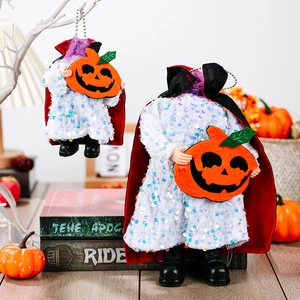 Halloween headless doll with sequin robe and pumpkin head, festive hanging decoration