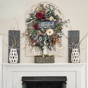Farmhouse autumn wreath with faux flowers, ribbons, and 'blessed' sign for home decor
