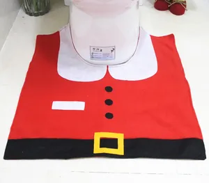 Detail of red Santa Claus toilet seat cover set with a black belt and flannel texture