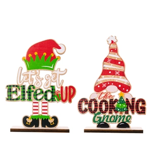 Set of 2 Christmas wooden gnome and elf table decorations with colorful holiday slogans