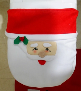 Detailed view of knitted Santa toilet seat cover with 3D beard and festive decorations
