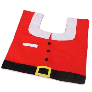 Detail of red Santa Claus U-shaped toilet floor mat with decorative belt and buttons