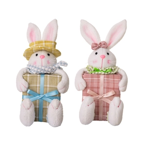 Pair of Easter bunny plush toys with colorful plaid hats and gift boxes for decoration