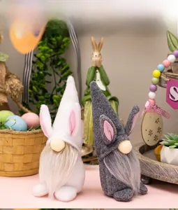 Close-up of Easter gnome plush set with long bunny ears and soft faux fur beards