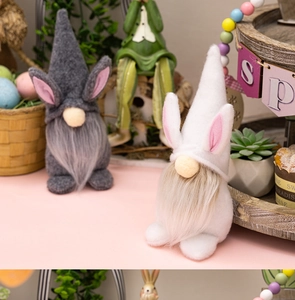 Detailed view of handmade Easter gnomes with bunny ears and soft white plush beards