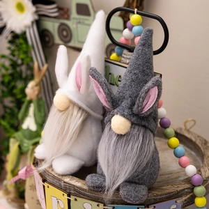Easter bunny gnome plush set with rabbit ears and long beards on decorative tray
