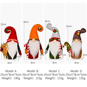 Detailed view of four gnome dolls showing 25cm height and varied Christmas decorations