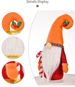 Detail display of Christmas gnome with orange hat, holly ornaments and white whiskers