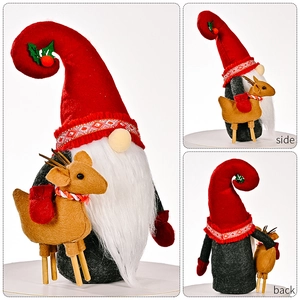 Three-view display of Christmas gnome plush with reindeer, showing front side and back