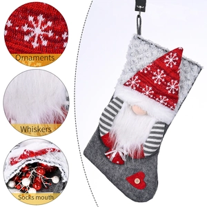 Christmas stocking with gnome design, featuring plush beard and snowflake knit hat