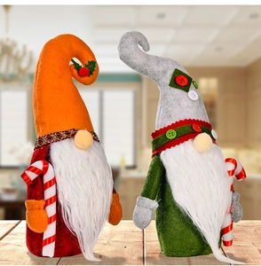 Detail showing two festive Christmas gnomes with long white beards and candy canes