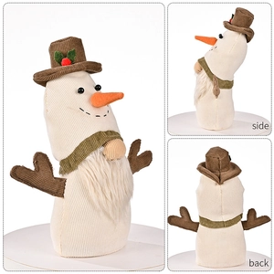 Three-way view of plush Christmas gnome with corduroy hat, scarf and reindeer antlers