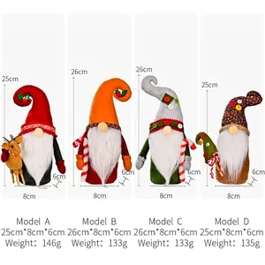 Christmas gnome plush ornaments in four designs with detailed size and weight specifications