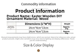 Size chart for Easter wooden DIY ornaments showing dimensions 14x4x13cm and wood material