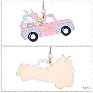 Décoration de Pâques en bois, camion rose avec lapin et œufs, vues avant et arrière