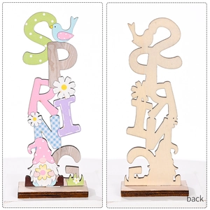 Vertical wooden Spring sign with gnome and bird motifs shown in front and back views