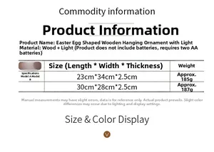 Size chart showing Easter egg-shaped wooden door plaque dimensions and specifications