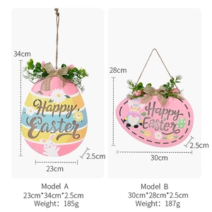 Detailed view of two Happy Easter light-up wooden egg signs with dimensions and weight info