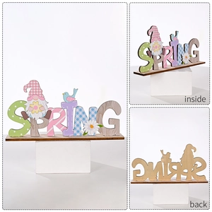 Wooden Easter SPRING letter sign with gnome and rabbit figurines for indoor decor