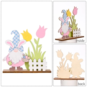 Easter gnome wooden desk ornament with rabbit ears and tulips on a white background