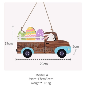 Easter wooden truck door sign with LED lights and rabbit eggs, 29x17x2cm hanging ornament