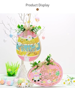 Detail of Easter wooden egg signs with LED lights, gnome designs, and rustic bows
