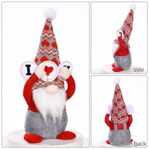 Valentine's Day gnome plush with grey hat and I Love You sign in various views