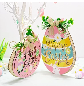 Detail of wooden Easter egg sign with Happy Easter text and burlap bow decoration