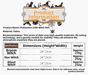 Size chart for Halloween fabric witch dolls with dimensions and weight specifications