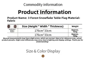 Detailed size chart for Christmas table runners showing fabric material and dimensions