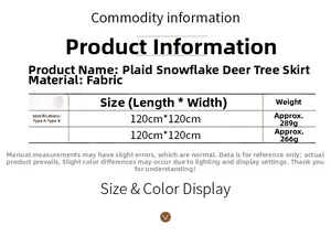 Size chart for 120cm red and black plaid Christmas tree skirt with reindeer pattern