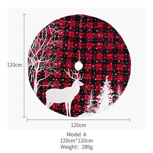 Detailed top view of 120cm red and black plaid Christmas tree skirt with reindeer print
