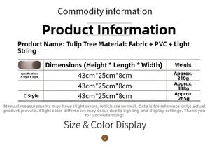 Detailed size chart for LED tulip tree decor showing dimensions 43x25x8cm and weight info